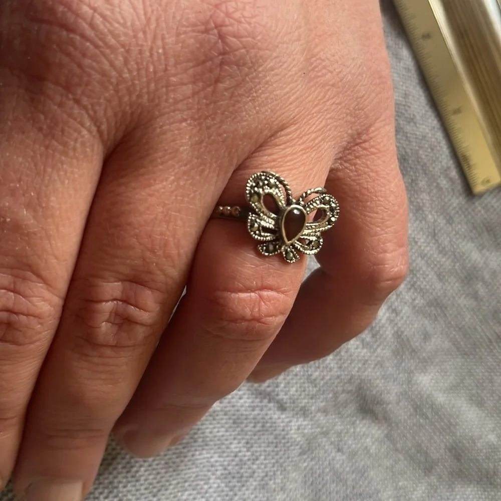 Silver butterfly‎ ring red teardrop stone​